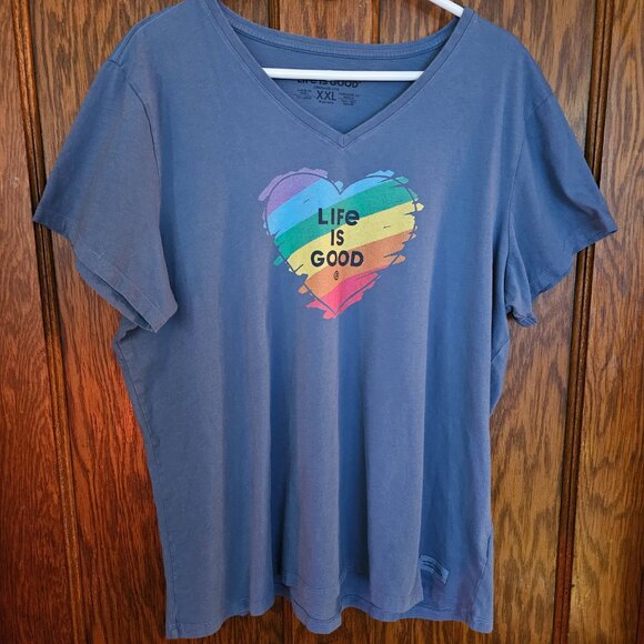 Life Is Good Rainbow Flower Heart Graphic Print Blue Short Sleeve Tshirt - Picture 5 of 6